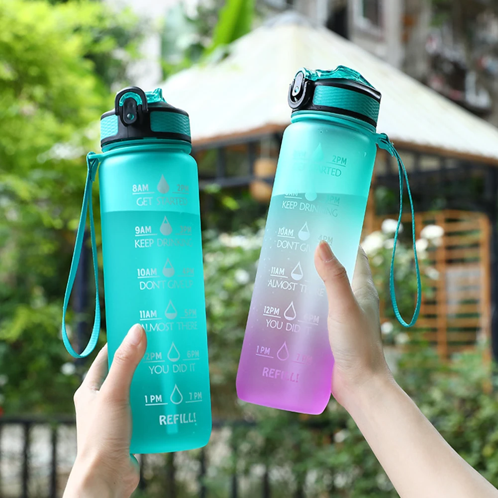 1000Ml Sports Water Bottle With Straw Time Marker Outdoor Camping Cup Student Drinking Water Cup Leakproof Portable Cups