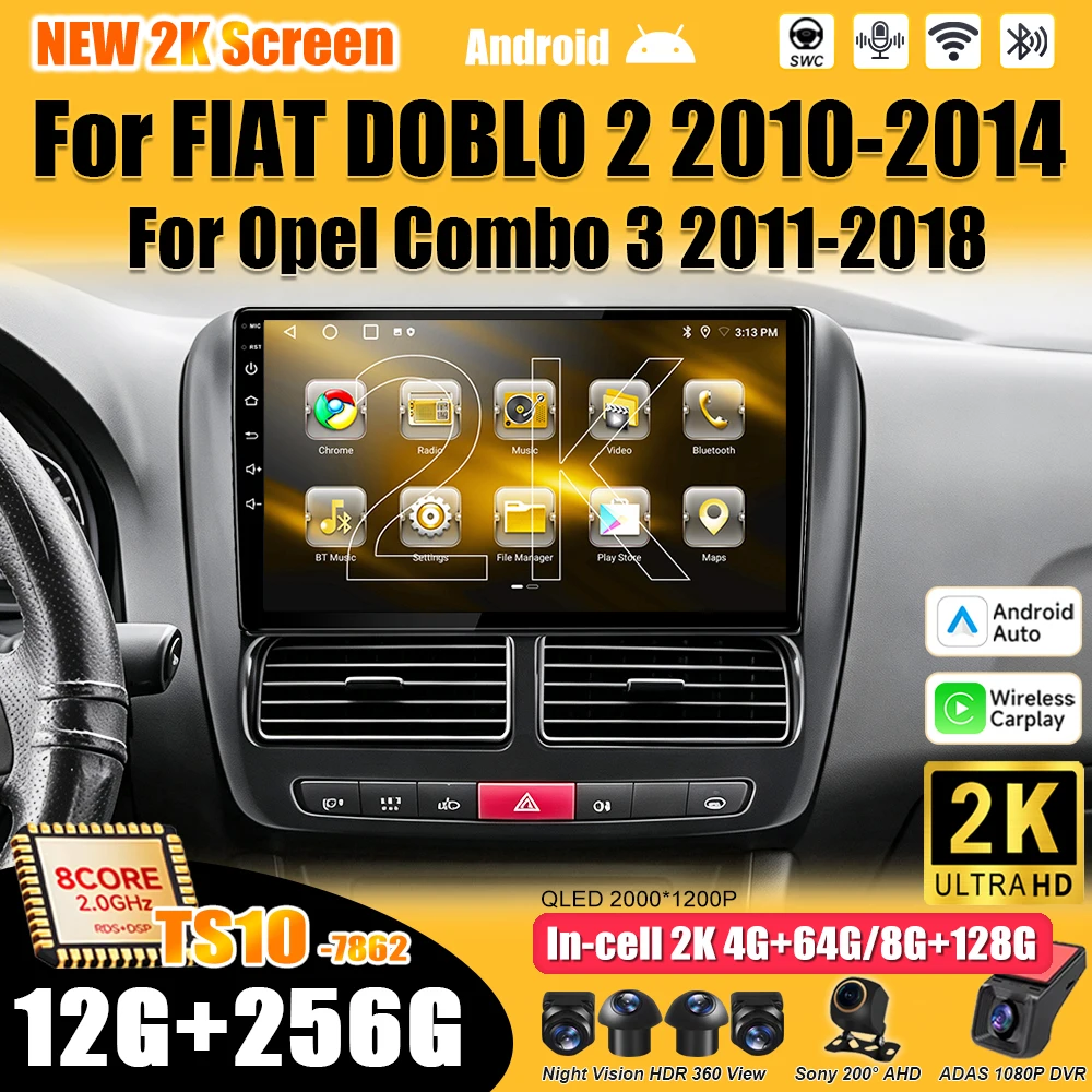 Android 16 For FIAT DOBLO 2 2010-2014 For Opel Combo 3 2011 - 2018 Car Radio Stereo Head Unit Multimedia Video Player 2K QLED 5G