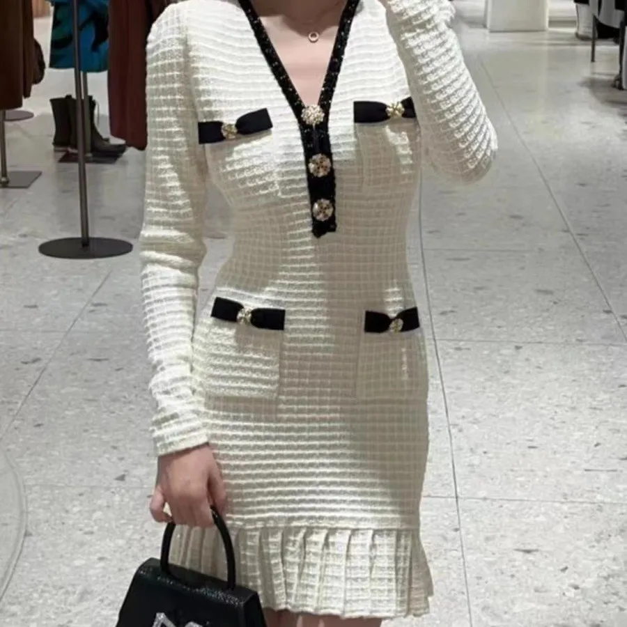 Ivory white set sequins waffle grid contrasting butterfly sister knitted dress ruffle edge short skirt 24 autumn/winter new item