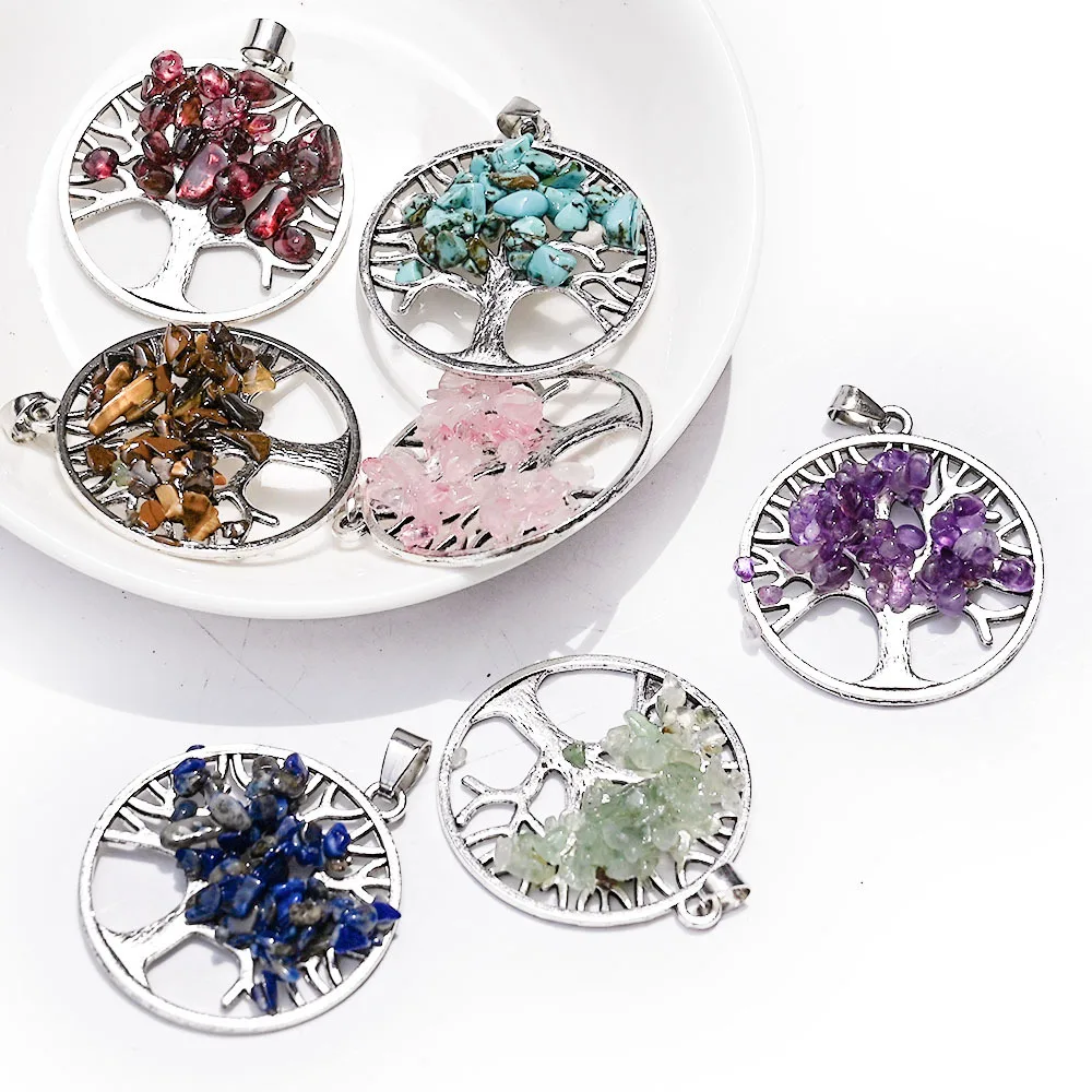 Natural Crystal Gravel Tree Pendant Pendant Alloy Tree of Life Powder Crystal Amethyst Tiger's Eye Head Round Necklace