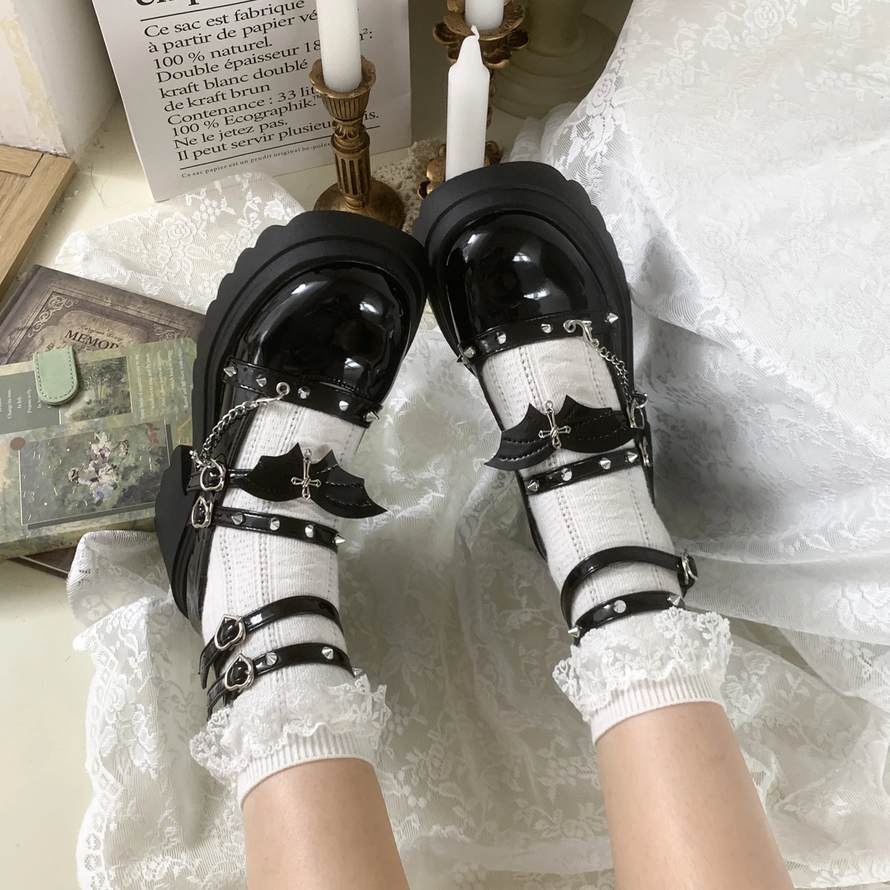 Women Platform Mary Jane Shoes Lady Fashion Chain Design Thick Sole Leather Shoe Cosplay Halloween Gothic Lolita Shoes for Women