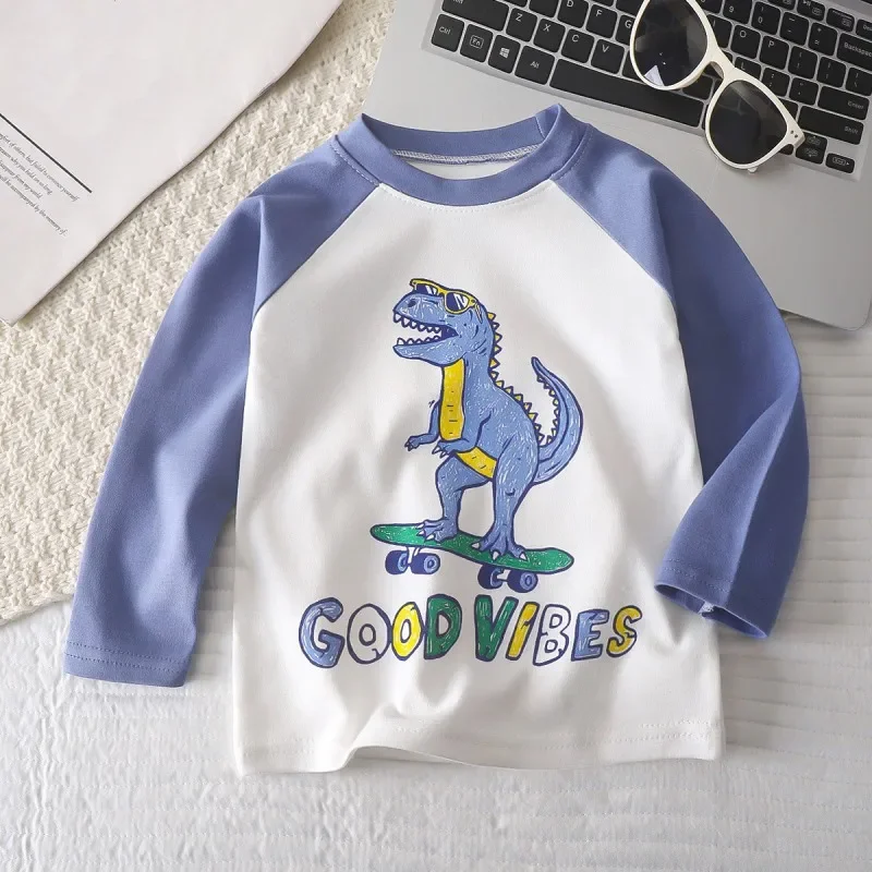 2024 New Style Children's Clothing Boys Girls Kids Clothes Cartoon Dinosaur Long Sleeve Tops Chic Classic Color-Blocked