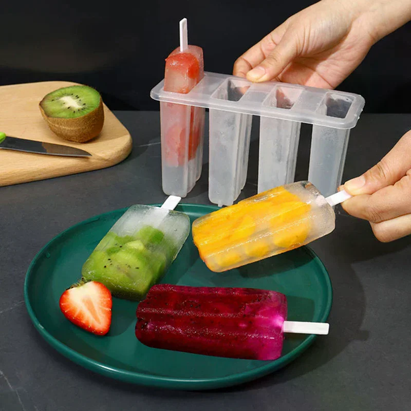 4-Cavity Ice Cream Popsicle Mold Set Reusable Ice Tray with Sticks and Lid DIY Summer Kitchen Tool