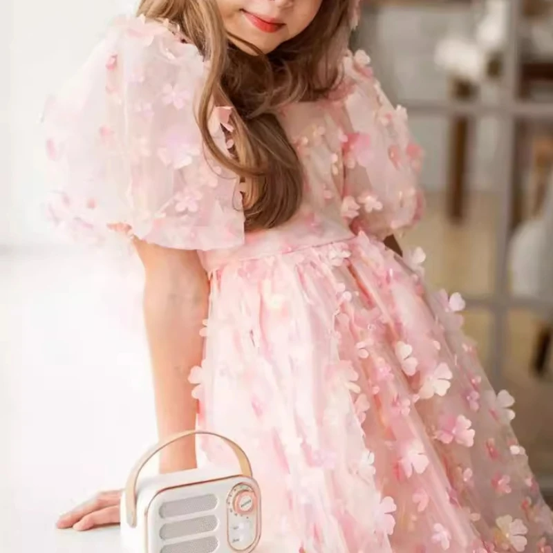 Customized New Sweet Small Sqaure Collar Puff Short Sleeve Ball Gown Fairy Flower Appliques Design Short Vestidos Cascading Girl