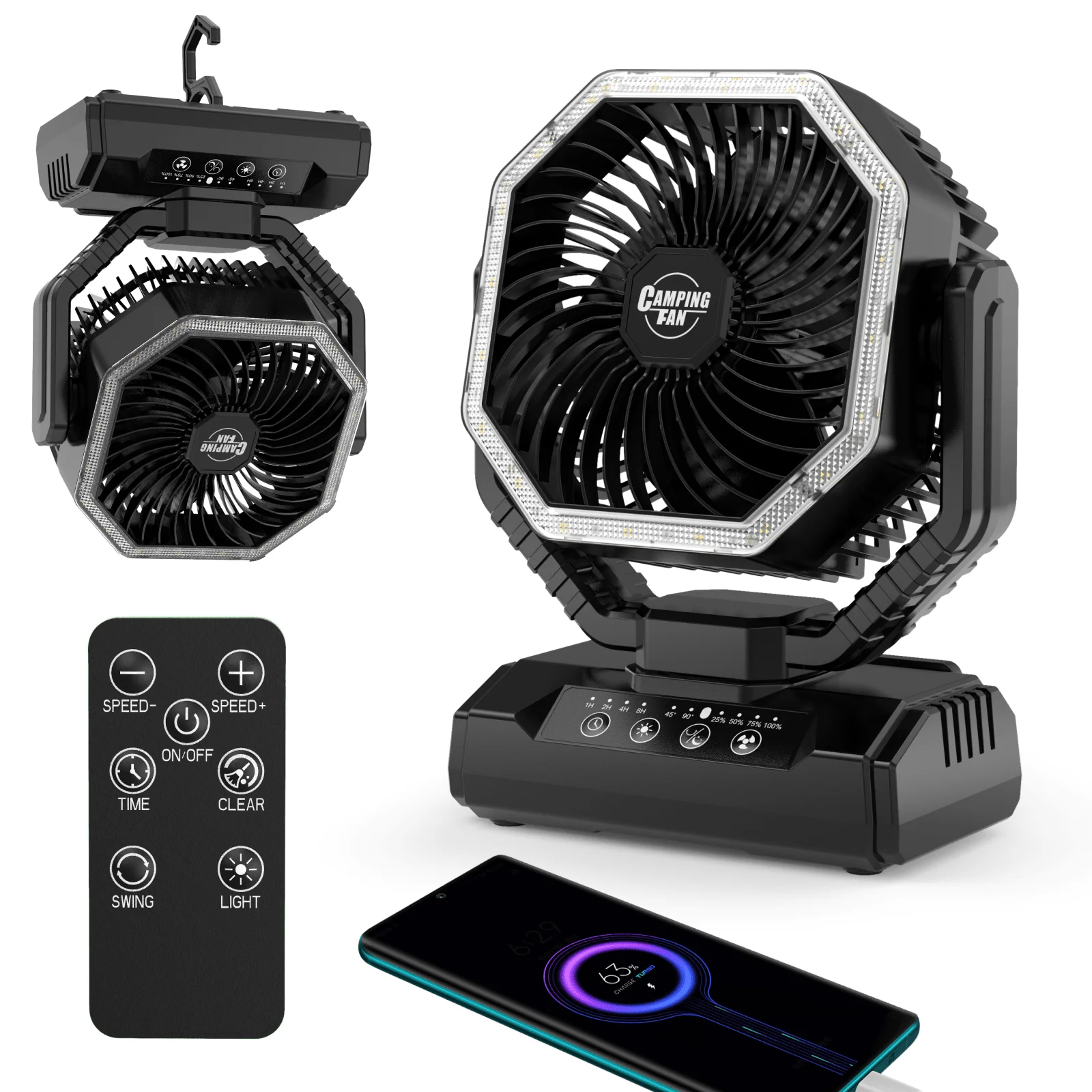Portable Camping Fan With LED Light, 20000mAh Rechargeable Tent Fan With Remote Control & 90° Oscillation, USB-C Charging, 1-8H Timing Function With Hanging Hook, Compact Desktop Fan Camping , 2026 Must-Have For Outdoor Sports Events