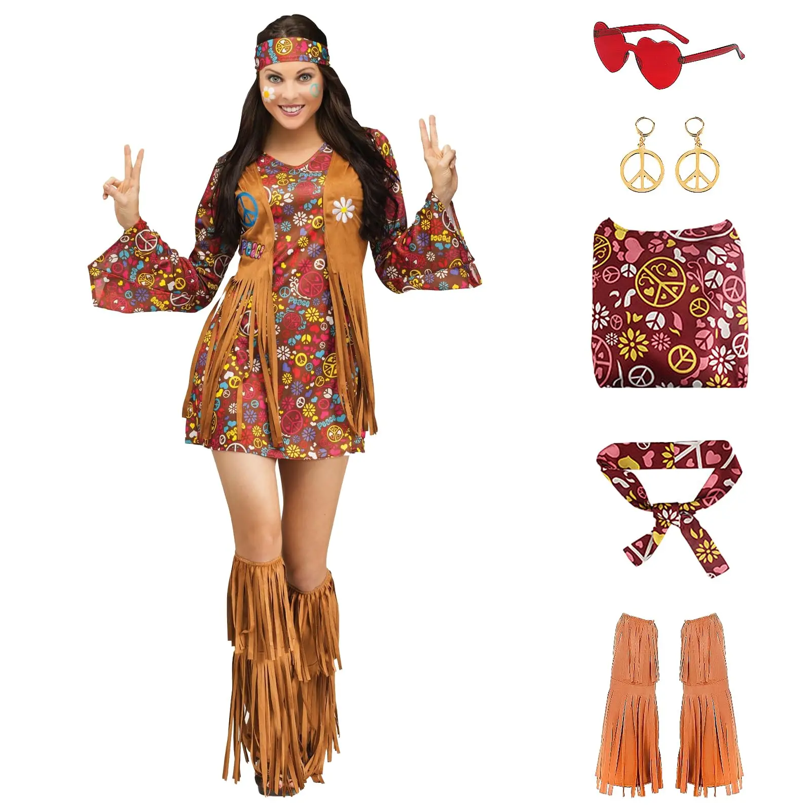 

70s 60s Fancy Dress Hippie Costume Women Disco Hippy Outfit with Headband Earring Lady Halloween Carnival Party Printed Clothes