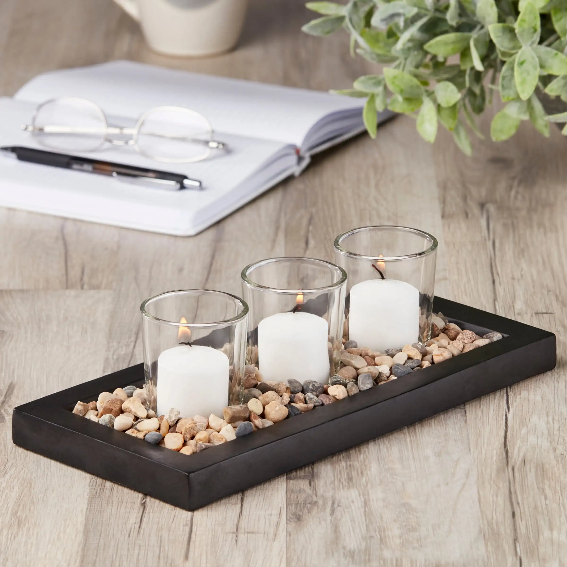 Decorative Clear Glass Tealight Candleholders with Rocks and Ceramic Base, 4"