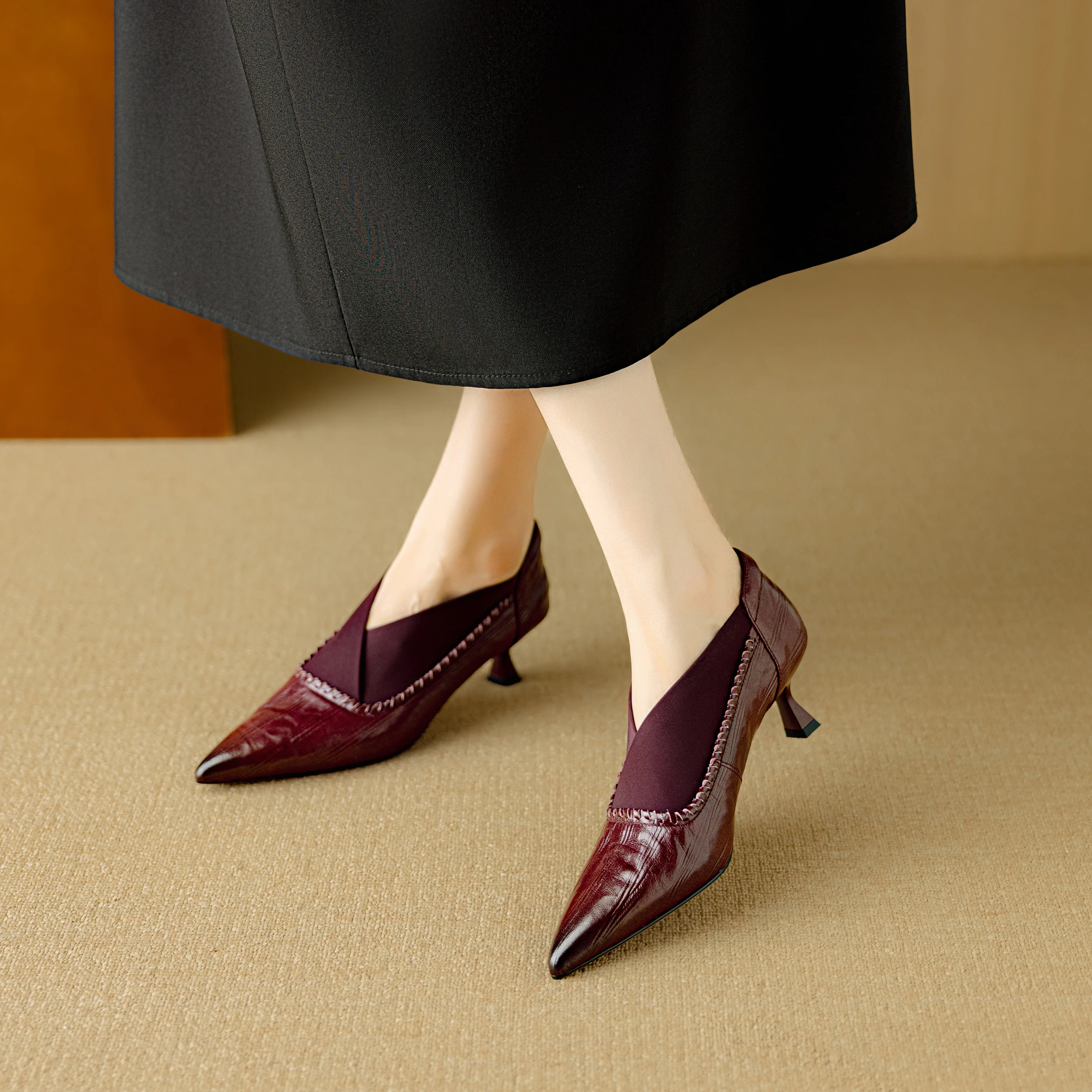 

Pumps Women Soft Suede Elastic Gusset Pointed Toe Slip On Thin Heel Commuter Dress Shoes