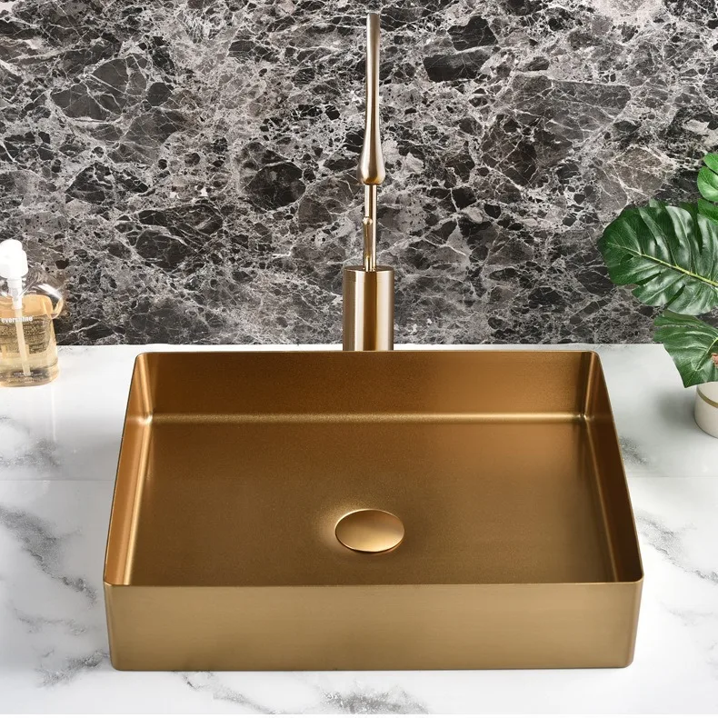 Bathroom stainless steel basin, hotel light luxury square basin, bathroom local tyrant gold washbasin wholesale none