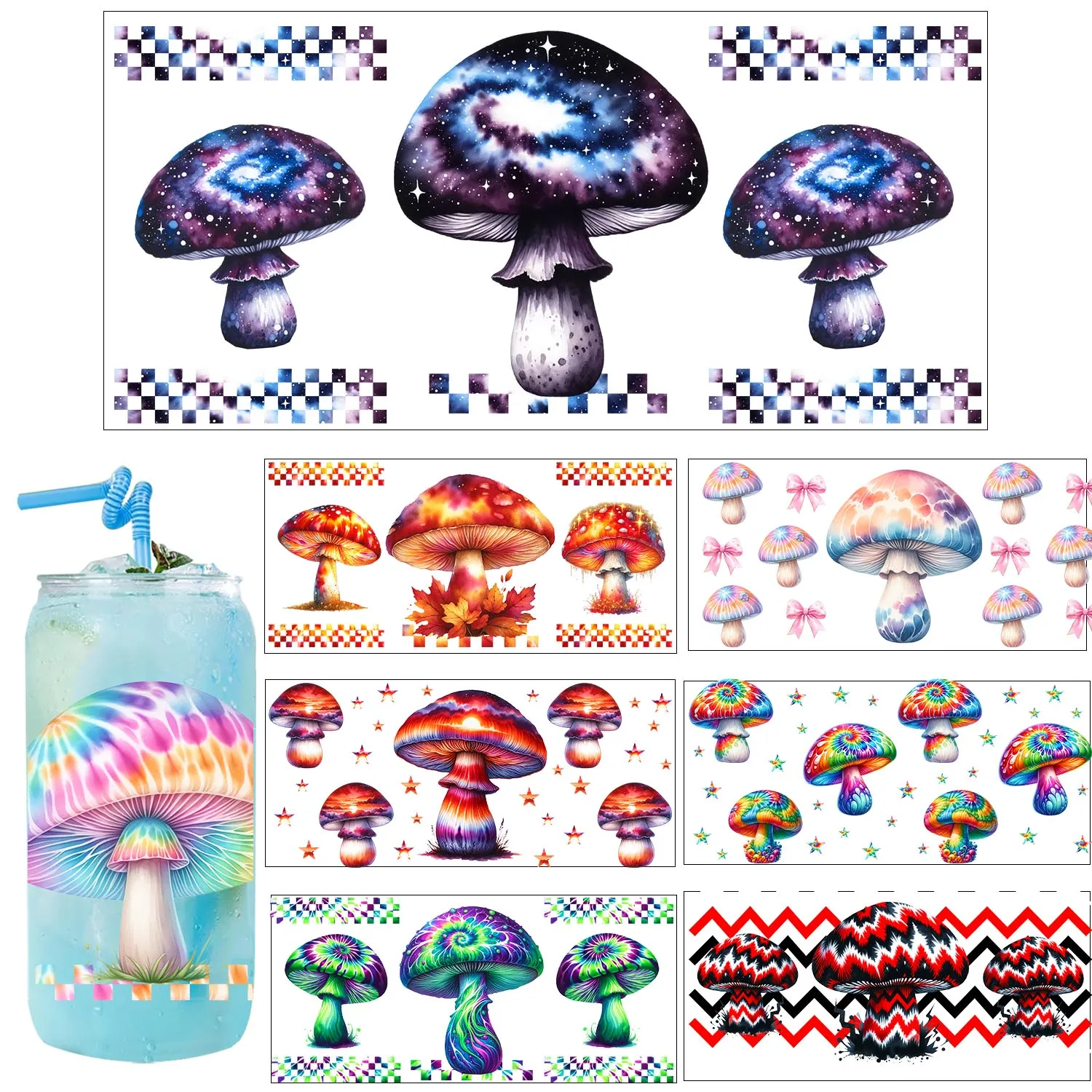 Cool Psychedelic Vibe Mysterious Mushroom Party DIY Decals 3D transfers uvdtf stickers 16oz uv dtf cup wraps for Libbey Glasses