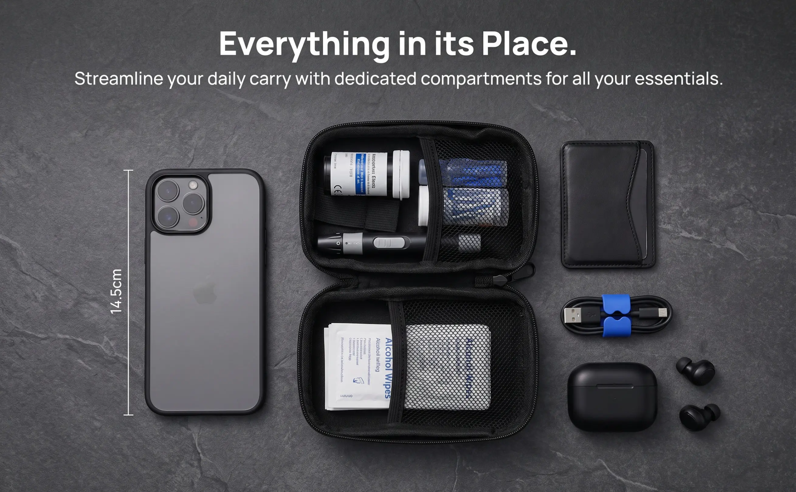 Portable Glucose Meter Bag Compact Shockproof Splashproof Design with Divided Compartments Carrying Pouch Diabetic