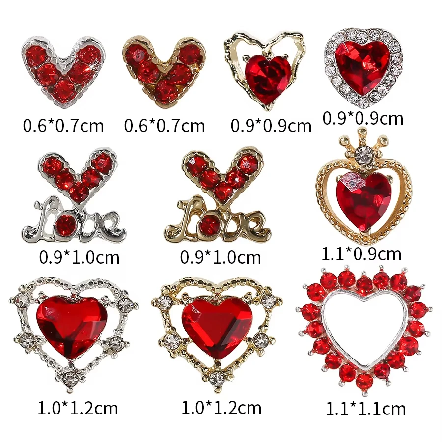 New 10Pcs Metal Alloy Queen Series Crown Hollow Out Love Jewelry Red Rhinestone Gems 3D Nail Art Charms Decorations Bulk Supply