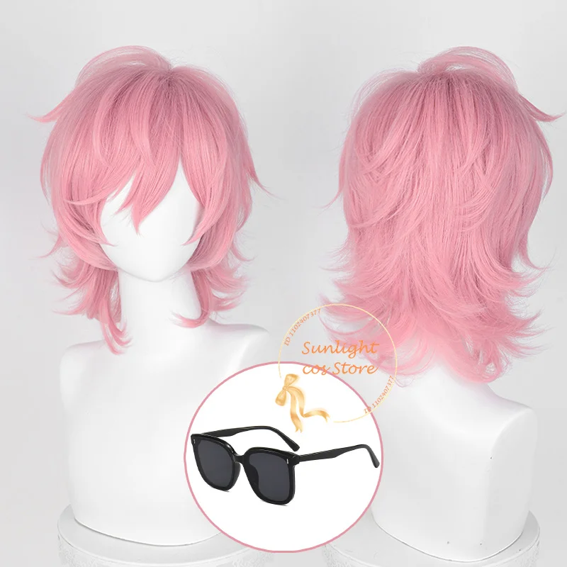 Peluca de Cosplay de Anime Ayato Yuri, pelucas cortas de color rosa Cruly de 36cm, pelo sintético resistente al calor para Halloween + gorro de peluca