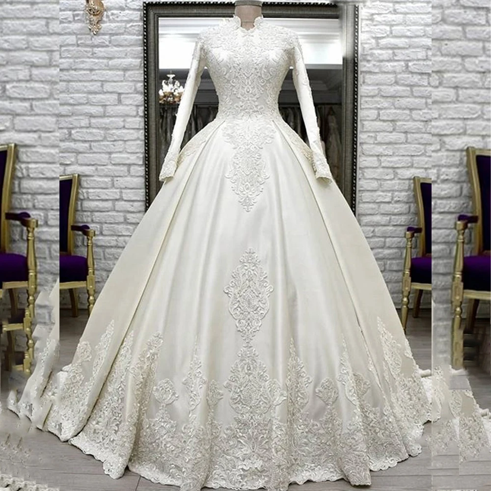 

Holy Muslim Wedding Dresses Hige Neck Long Sleeve Church Bride Dress with Appliques A-Line Sweep Train Bridal Gowns Customized