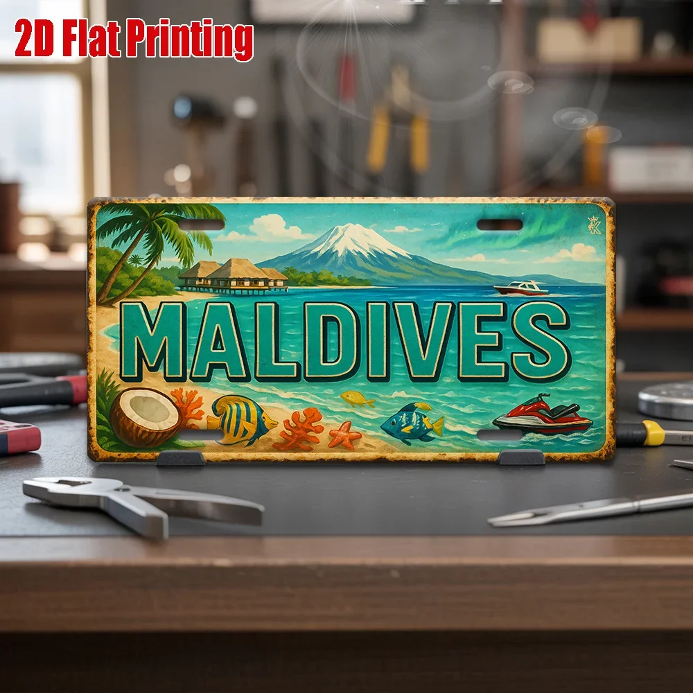 2D Flat, 1pc Maldives Tropical Island Metal Wall Art Sign - 30.48X15.24Cm Vintage Decorative Plaque with Vibrant Beach