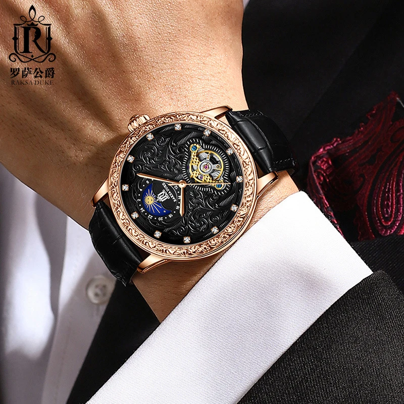 Tourbillon Automatic Watch for Men Moond Phase Mechanical Mens Watches W/ Diamond Retro 3D Engraved Rose Gold Religio Masculino