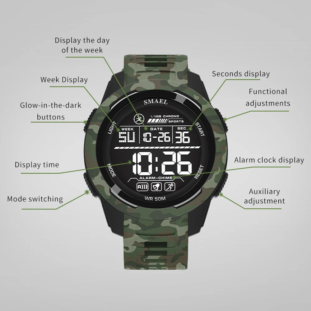 SMAEL8105 Watch for Men Digital Watches Sports LED Wristwatches Men's 50m Waterproof Watch Digital Light Stopwatch