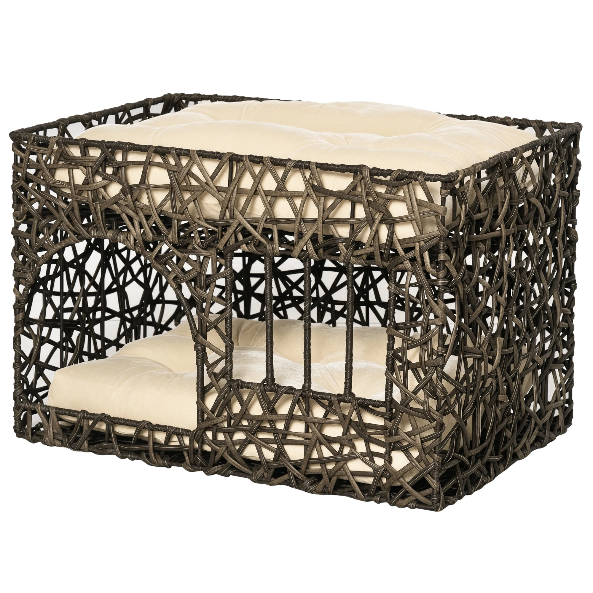 PawHut Cesta de Ratán para Gatos de 2 Alturas con 2 Cojines Suaves y Ventana