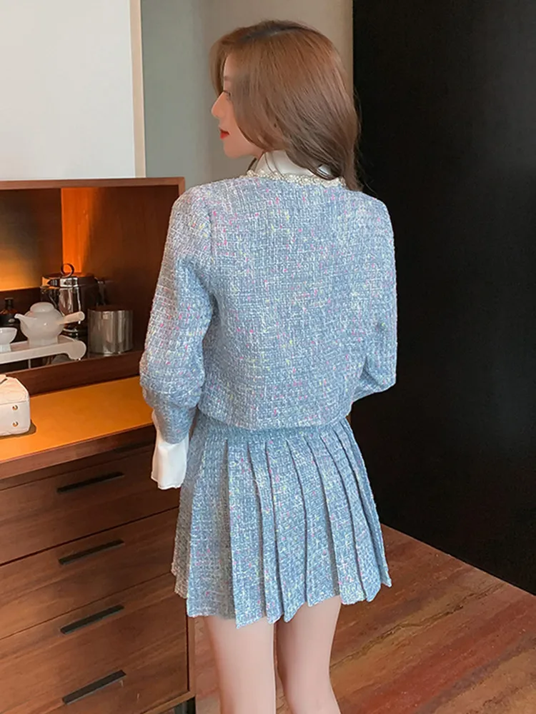 New Blue Tweed Two Piece set Women Short Beaded Jacket + Pleated A-line Skirt Set Casual Chiffon Shirt Plaid Woolen 3 Piece Sets