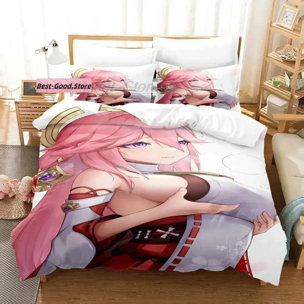 

3D Genshin Impact Yae Miko Bedding Set Single Twin Full Queen King Size Bed Set Aldult Kid Bedroom Duvetcover Set Print Anime