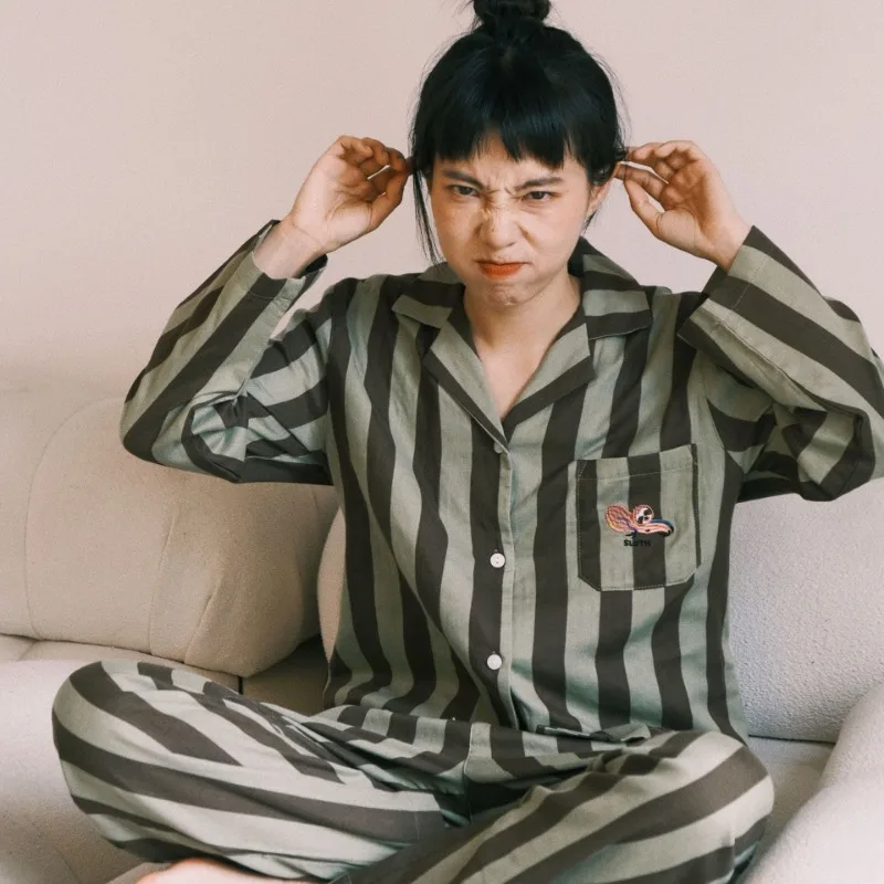 Women's Double Gauze Cotton Pajama Set. Vintage Striped Button-Down Sleepwear. Breathable Soft Loungewear with Cute Embroidery
