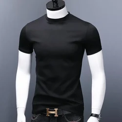 Men's Casual Turtleneck T-Shirts Short Sleeve Solid Slim Fit Silk High Neck Tops Inner Wear Trendy Round Neck Base Layer Shirt