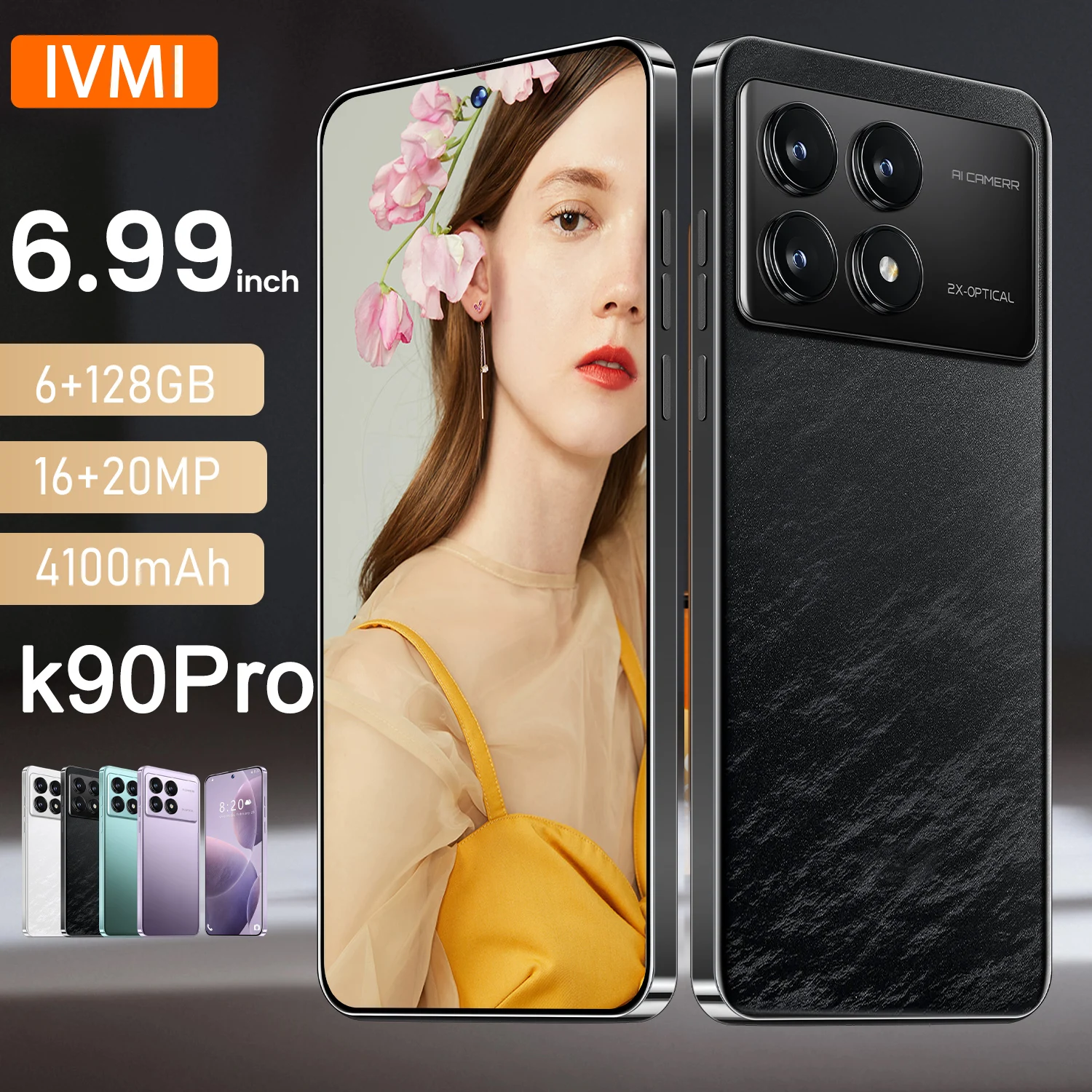 IVMI K90 Pro smartphone runs on Android, has 6GB of RAM and 128GB of storage, features a 6.99-inch screen, and supports Google