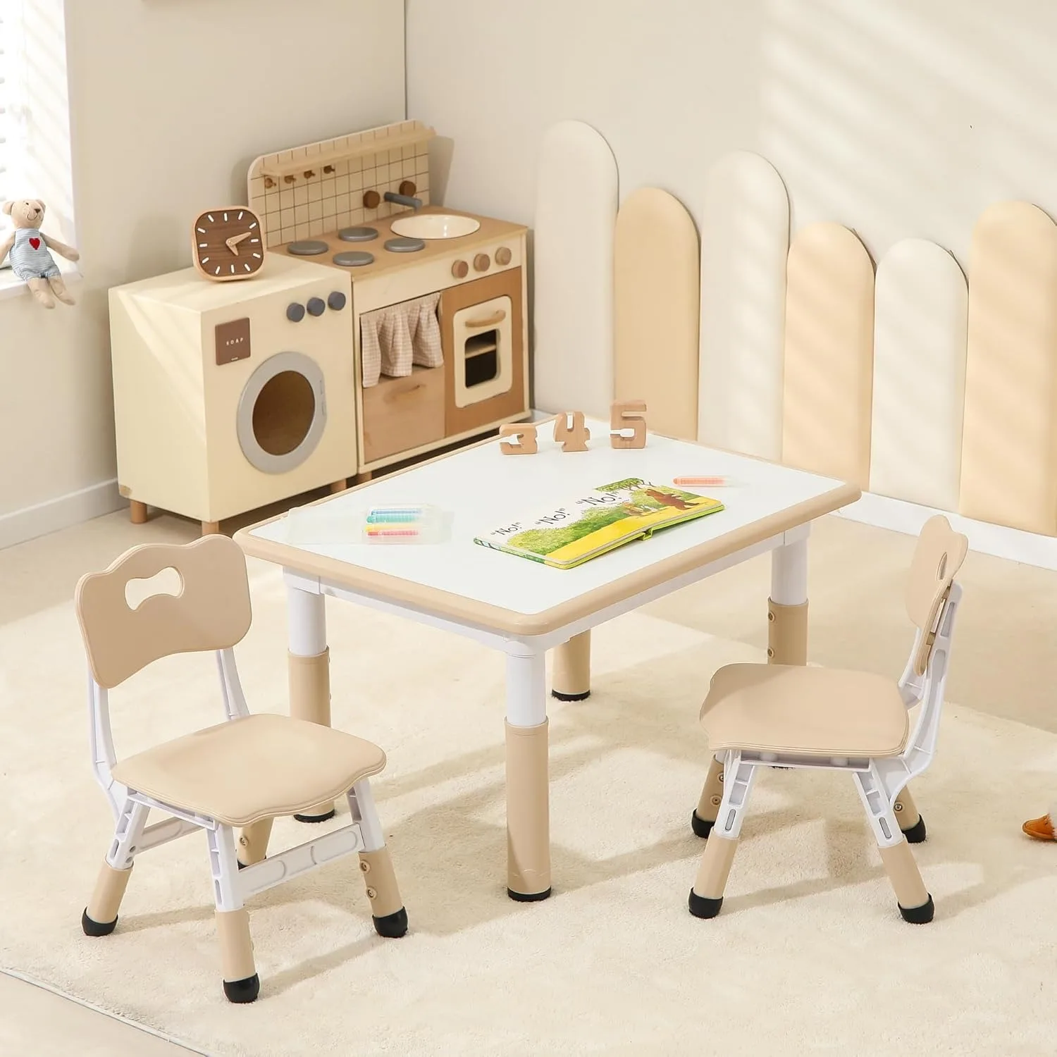 Adjustable Toddler Table and Chairs, Graffiti Desktop Kids Study Table with Anti-Slip Foot Covers