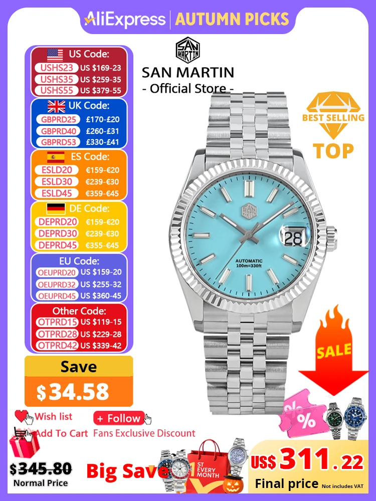 San Martin 36.5mm Men Dress Watch Top Brand Luxury Automatic Mechanical Fashion Couples Watches Sapphire Waterproof 100m BGW9