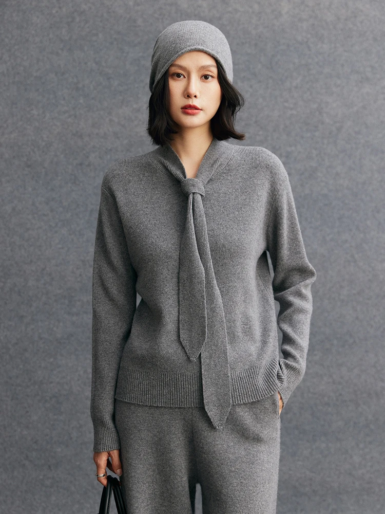 TLOML Women's Lace Up Collar Pullover sweater 100% Cashmere Knit Office Lady Basic Cashmere Knitwear Autumn Winter Soft Warm Top