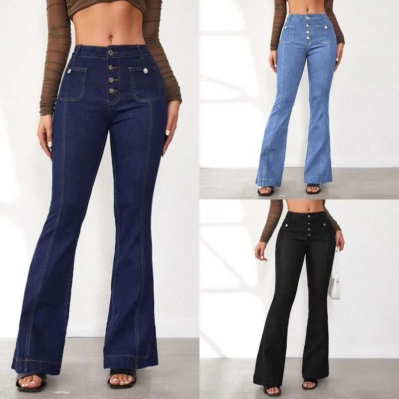 Flare Pants Jeans Women Boot Cut High Waist Stretch Button Vintage Denims Washed Distressed Pockets Female Trousers 2025