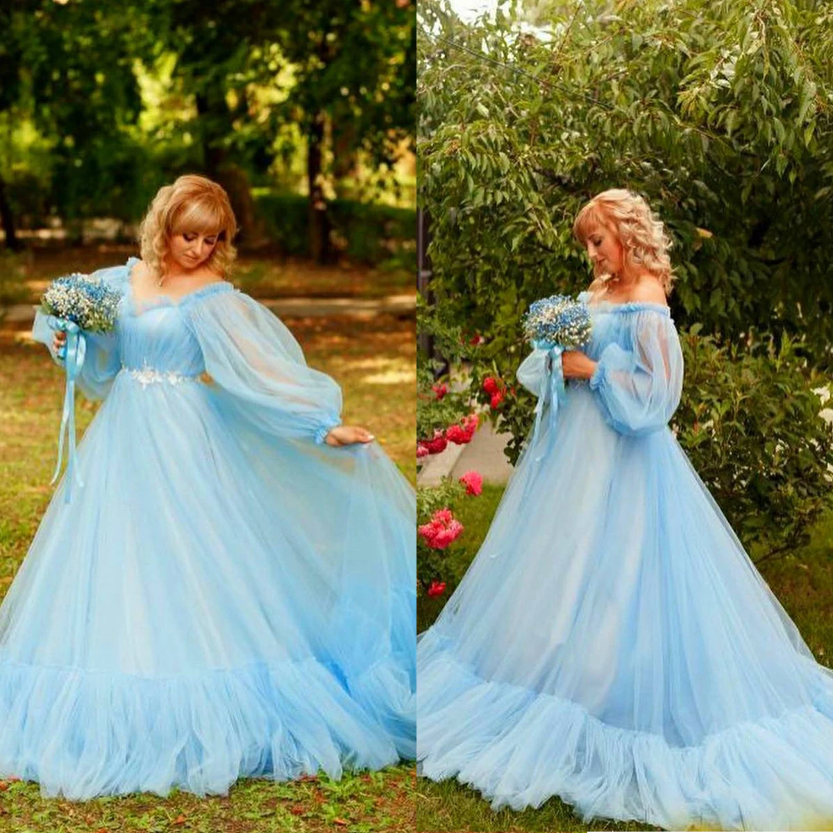 

Sky Blue Fluffy Prom Dresses for Photo Shoot or Baby Shower Sweetheart Long Sleeves Lace-Up Back Maternity Robes Photoshoot Gown