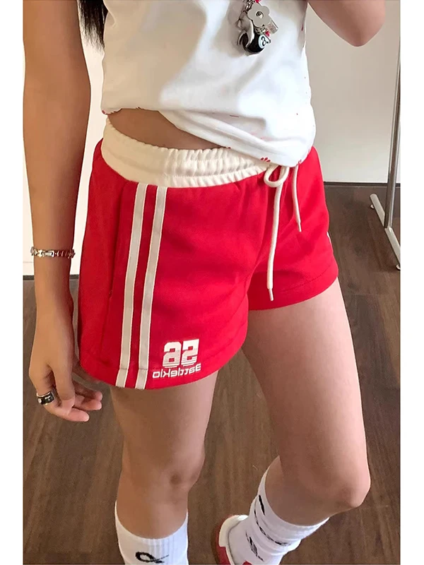 American Style Casual Pants Shorts Women Summer Red Design Belted Three-quarter Length Sport Shorts Outerwear Versatile Hot P...