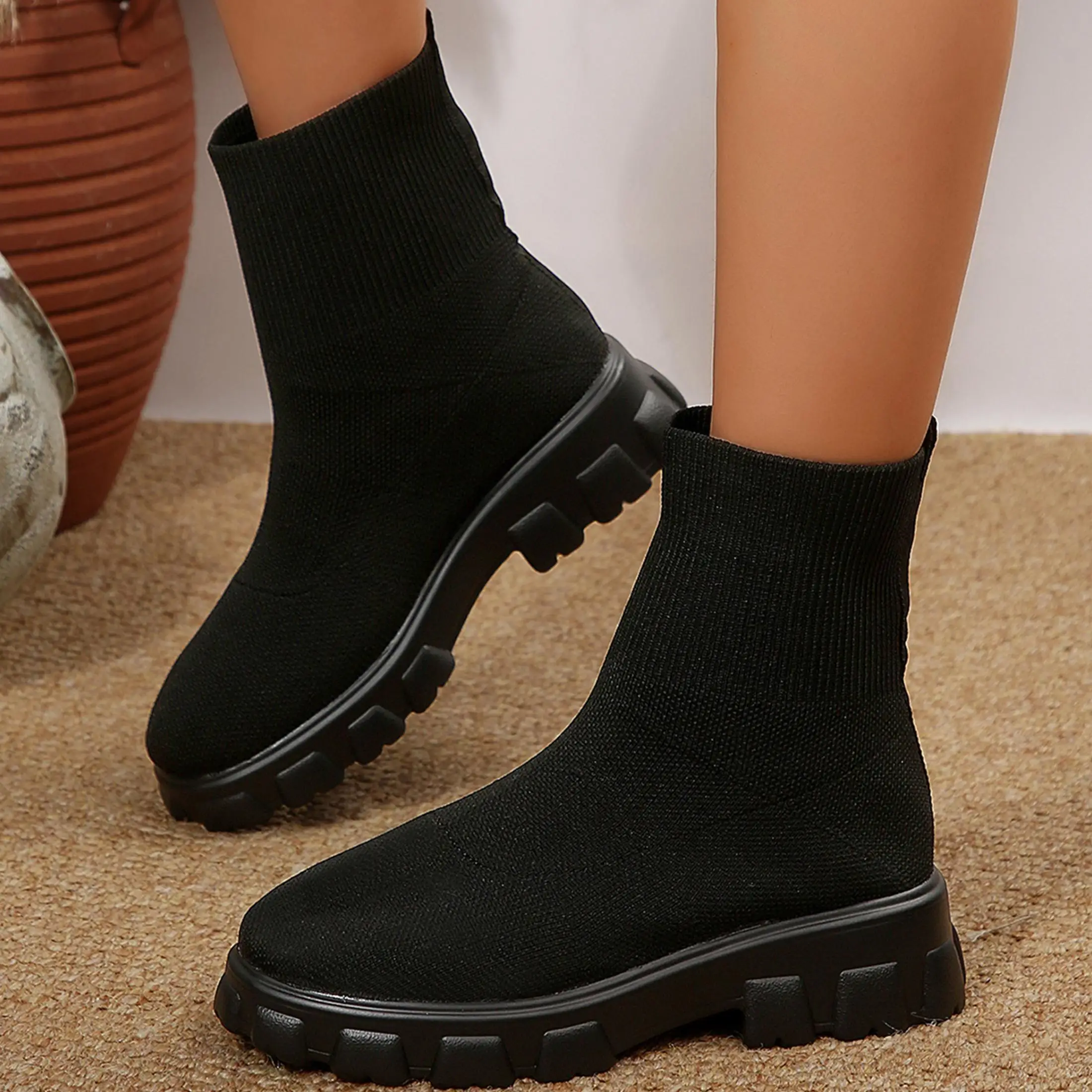 Ankle Boots for Women Comfortable Round Toe Slip On Stretch Soft Chunky Block Heel Knit Platform Boots Punk Dress Sock Boots - view 7