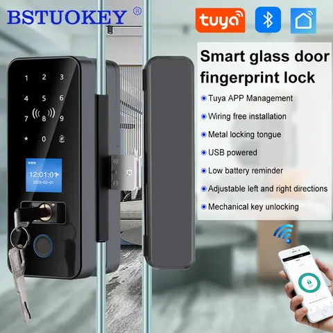 Tuya App 도어 잠금 장치 스크린 LCD 유리 도어 지문 블루투스 스마트 전자 도어 잠금 장치 IC RFID 원격 제어 잠금 해제