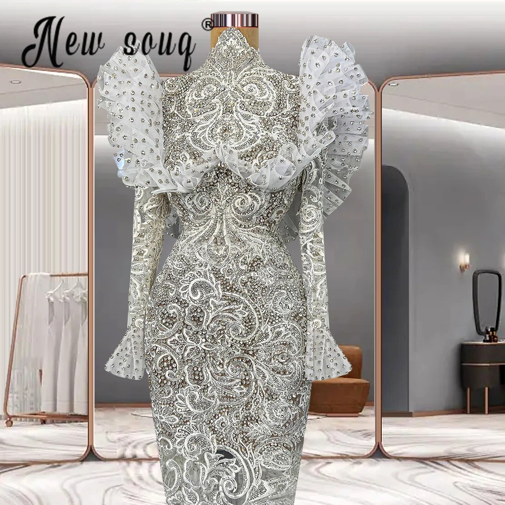 Precioso vestido de noche musulmán de encaje para mujer, vestidos de fiesta formales de Dubai con cuentas, vestidos de novia de manga larga, talla grande, hecho a medida, 2023