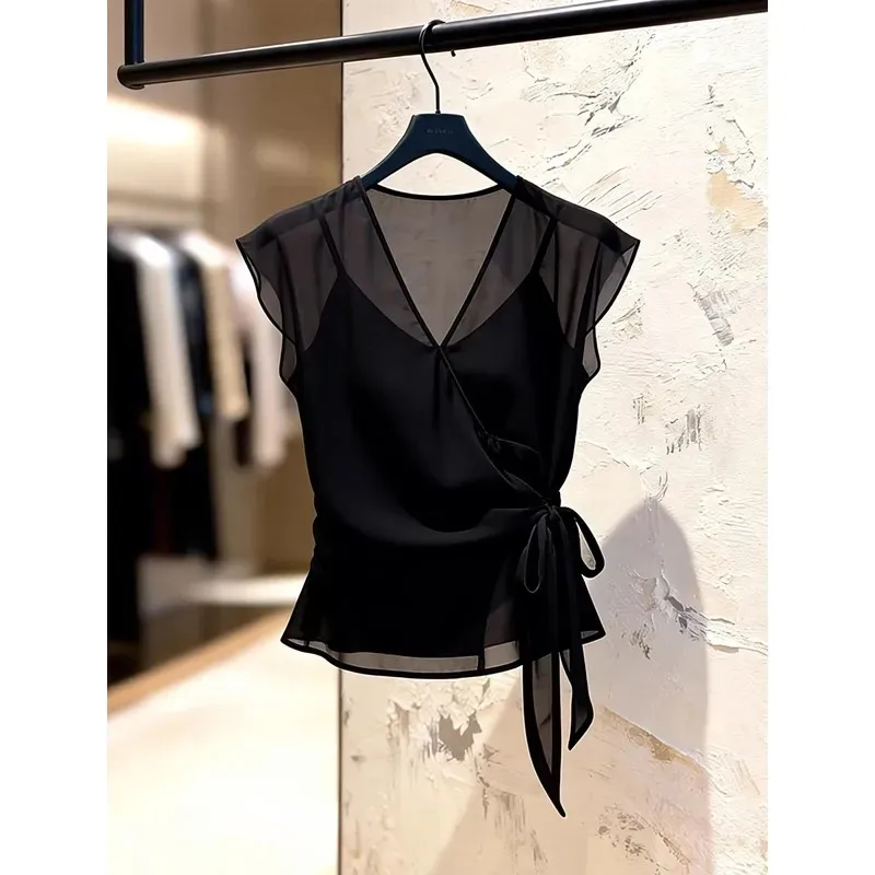 Slimming Blouse Women Lace Splice Knot Waist Design Elegant Overhead Top Female Luxury Style Belted Summer 2026 Fashion