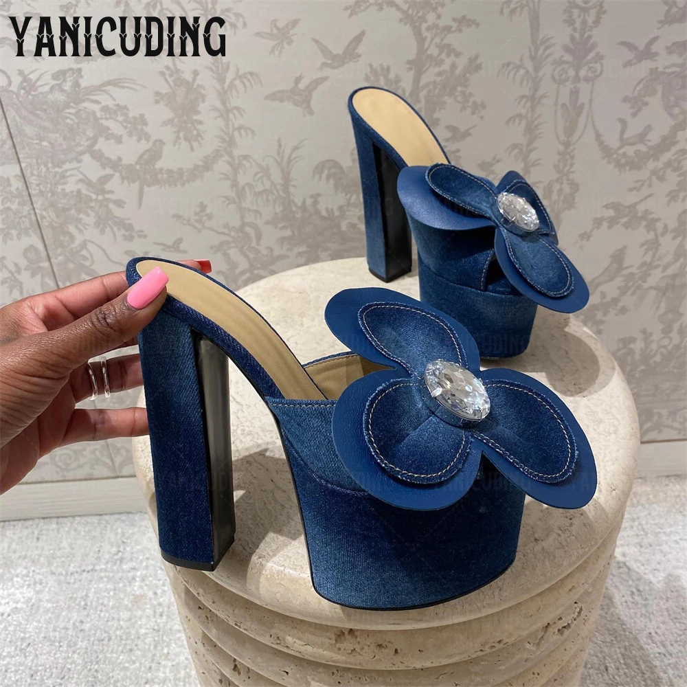 Denim Flower Crystal Slippers Platform Chunky Heeled Summer Slippers Clear Gem Slip-On Slippers Customizable in Multiple Colors