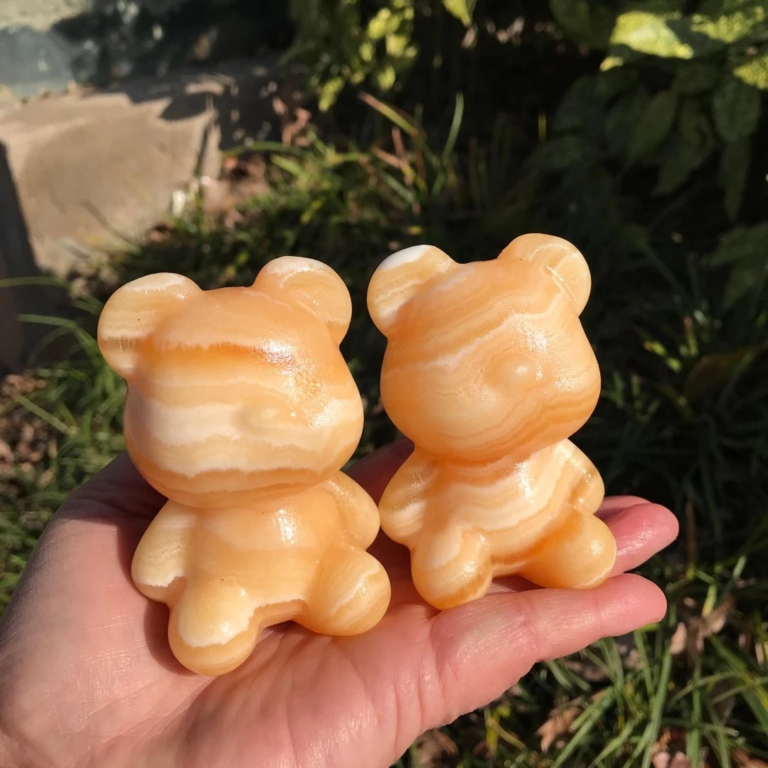 2pcs 8cm Natural Yellow Calcite Crystal Cartoon Violent Bear Carving piece Healing Stone Tabletop ornament Home Decor Children's