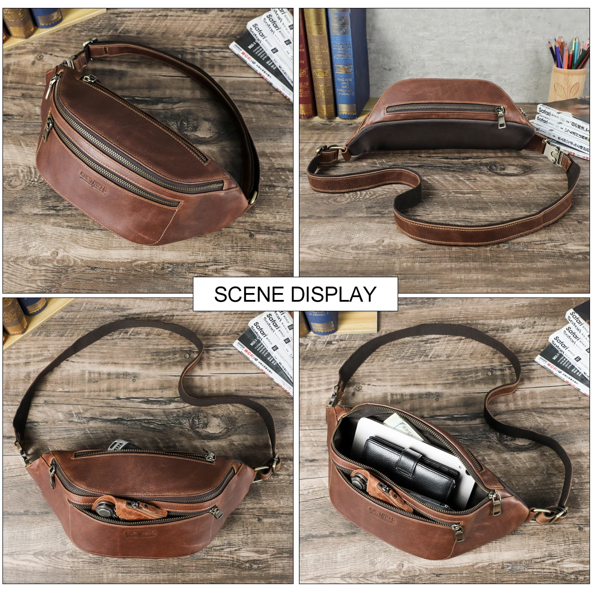 CONTACT'S Men Waist Bag Genuine Leather Waist Pack Belt Bag Travel Fanny Pack Phone Pouch Casual Crossbody Chest Bags Handbag