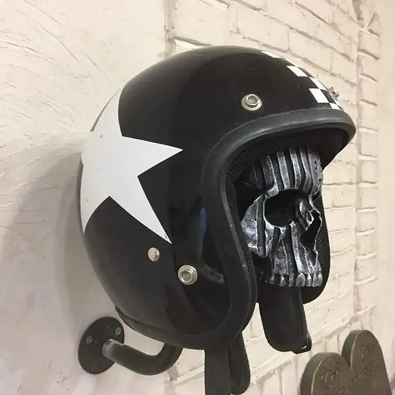 Motorcycle Skull Helmet Holder Creative Resin Craft Skull Helmet Stand Halloween Horror Retro Interior Wall Decoration Gift