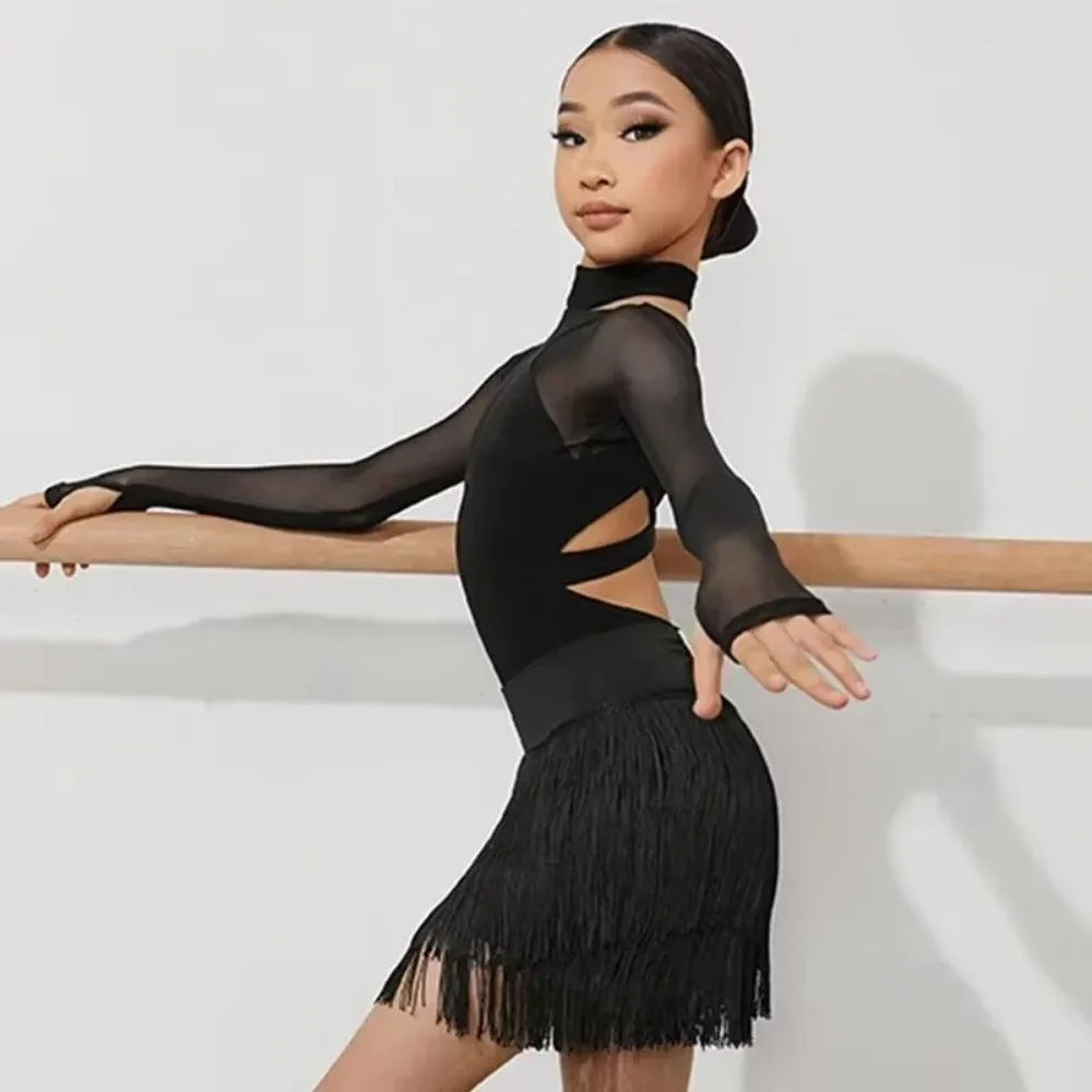 

Long Sleeves Child Latin Dance Bodysuit Cha Cha Professional Ballroom Leotard Dance Wear Rumba Cha Cha Costume Show Costumes