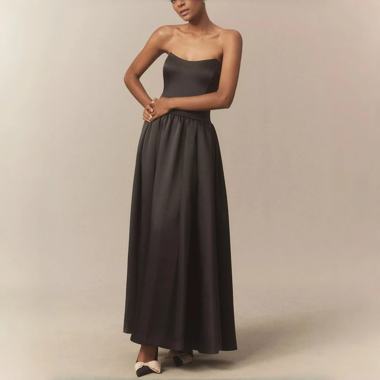 Black Satin Maxi Dress Strapless Lace-Up Back A-Line Skirt Formal Cocktail Party Bridesmaid Prom Evening Wedding Guest Dress