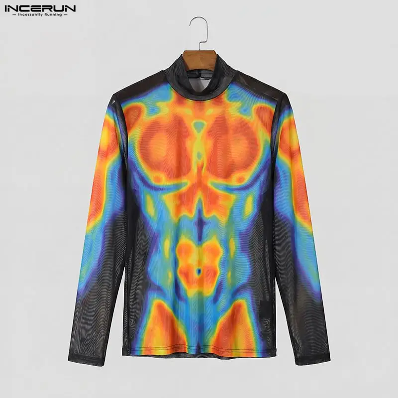 INCERUN Herren T-Shirt mit Aufdruck, Rollkragen, langärmelig, durchsichtig, T-Shirt für Herren, Streetwear, Mesh-Mode, Herrenkleidung, Camisetas