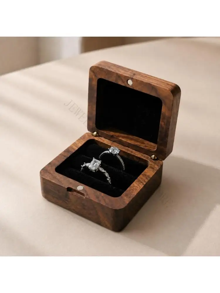R7UF 2-Ring Presentation Box in Black Walnut with Chamfered Edges for Coordinated Wedding and Proposal Displays