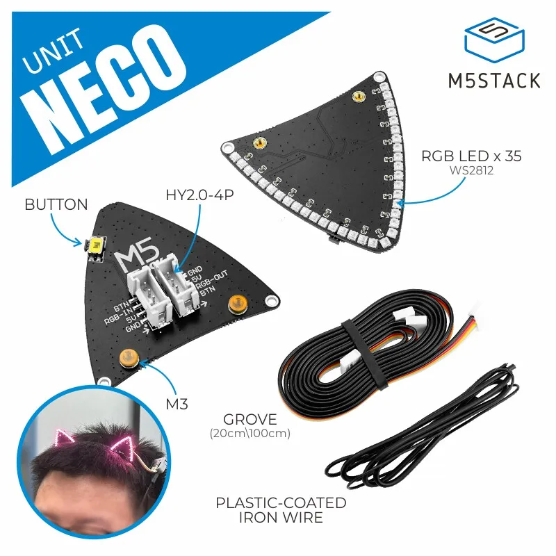 M5Stack Official Unit Neco Cat Ear Design RGB LED Light Board WS2812C with Touch Switch for Electronics And Computer Hardware