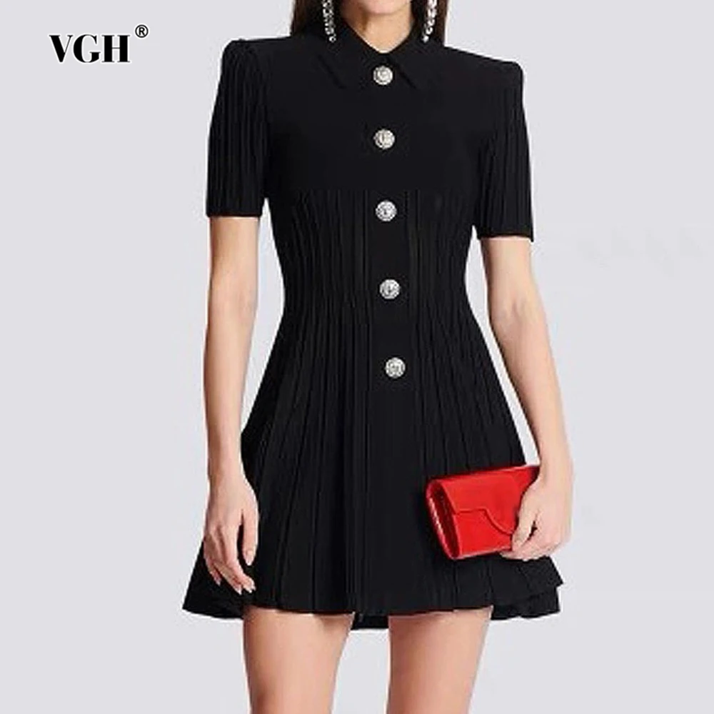 

VGH Slimming Casual Solid Dresses For Women Lapel Short Sleeve High Waist Spliced Button Elegant Mini Dress Female Fashion New
