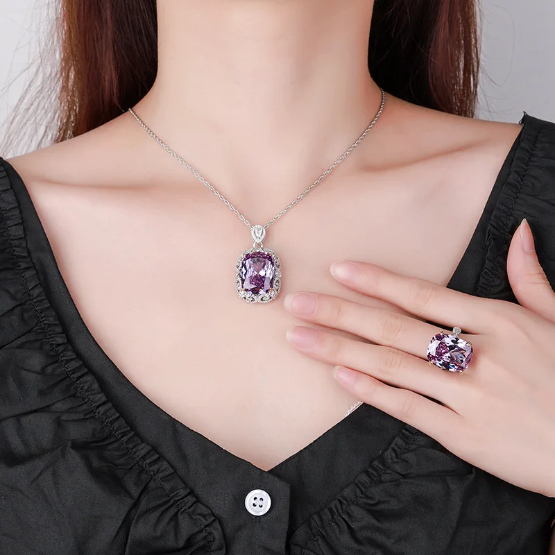 New jewelry S925 silver-plated 18K gold bird's nest cut champagne change blue temperament fat square set main stone 15 * 20