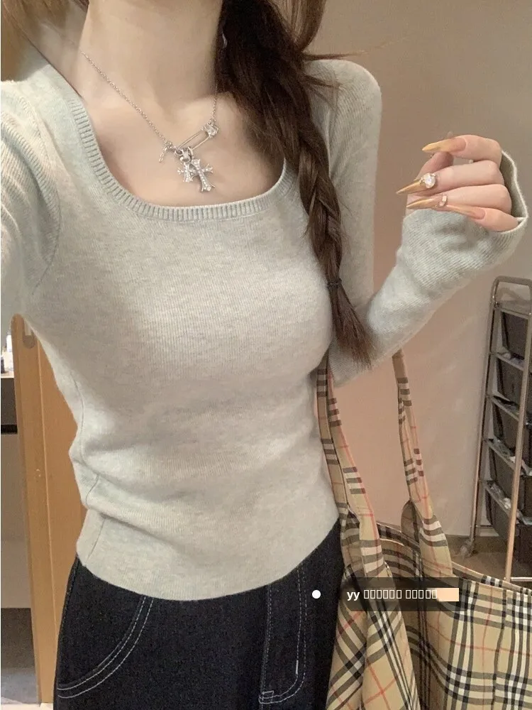 

Женский длинный вязаный свитер Sve с накидками на пальцы, приталенный крой с квадратным воротником, зимний теплый модный корейский слэ, внутренняя одежда, базовая...