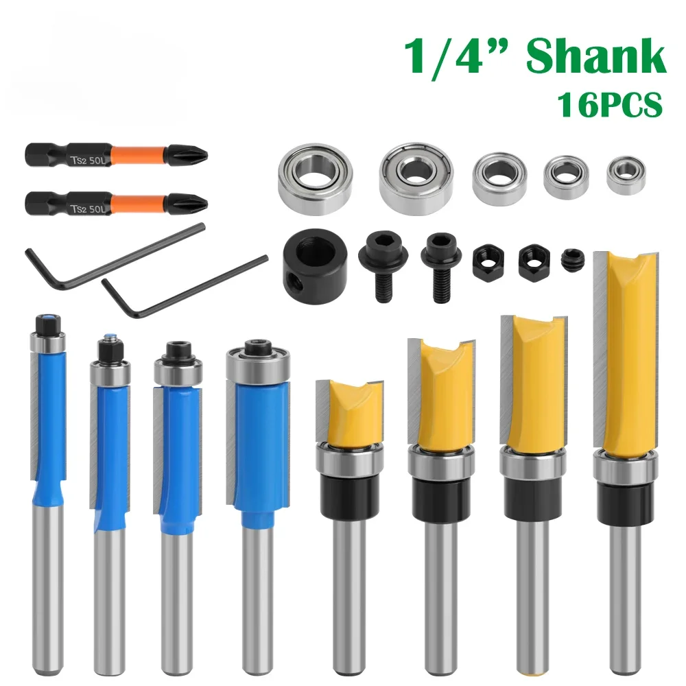 16pcs 1/4 Shank Router Bit With Bearing Set Pattern Flush Trim Router Bit Emplate Milling Cutter For Wood Woodworking End Mill